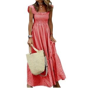 NWT chouyatou Retro Plaid Smocked Dress Spaghetti Strap Long Dress size M